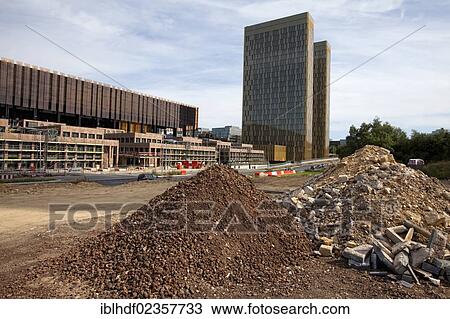 Stock Image - "Construction site in front of the office towers of the European Court of Justice, ECJ, European quarter, Kirchberg plateau, Luxembourg City, Europe, PublicGround". Fotosearch