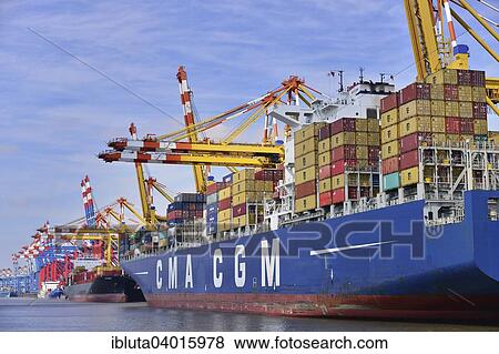 "Container ship and gantry cranes, Stromkaje quay, Wilhelm Kaisen Terminal, Container Terminal Bremerhaven, Bremerhaven, Bremen, Germany, Europe" View Large Photo Image Stock Photo - "Container ship and gantry cranes, Stromkaje quay, Wilhelm Kaisen Terminal, Container Terminal Bremerhaven, Bremerhaven, Bremen, Germany, Europe". Fotosearch