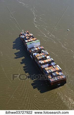 Stock Image - "Container ship APL Vanda on the Elbe River, aerial view, Hamburg, Hamburg, Germany, Europe". Fotosearch