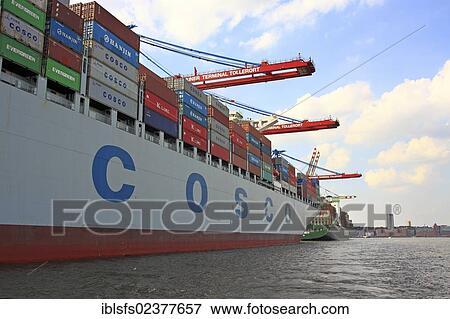 "Container ship """"Cosco"""" being unloaded, container port, Port of Hamburg, Hamburg, Germany, Europe" View Large Photo Image Stock Photo - "Container ship """"Cosco"""" being unloaded, container port, Port of Hamburg, Hamburg, Germany, Europe". Fotosearch