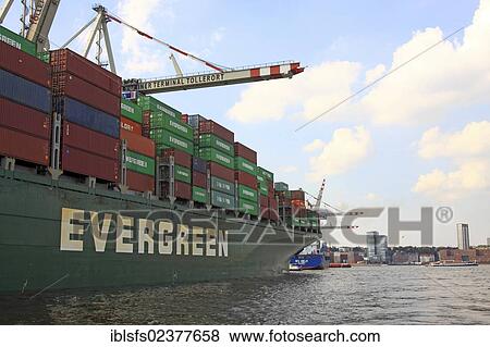 "Container ship """"Evergreen"""" being unloaded, container port, Port of Hamburg, Hamburg, Germany, Europe" View Large Photo Image Stock Photo - "Container ship """"Evergreen"""" being unloaded, container port, Port of Hamburg, Hamburg, Germany, Europe". Fotosearch