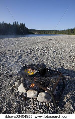 "cooking / frying bacon and eggs on a camp fire, pot, pan, spatula, gravel bar, upper Liard River, Yukon Territory, Yukon Territory, Canada, North America" View Large Photo Image Stock Photography - "cooking / frying bacon and eggs on a camp fire, pot, pan, spatula, gravel bar, upper Liard River, Yukon Territory, Yukon Territory, Canada, North America". Fotosearch