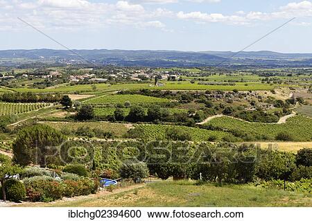 Stock Image - "Corbieres vineyard near Montpeyroux, seen from Arboras, Herault valley, Herault, France, Europe". Fotosearch