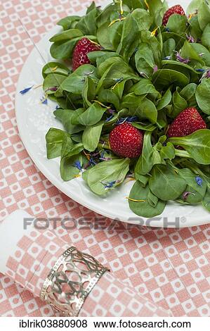 Cornsalad with strawberries and petals served on a plate View Large Photo Image Stock Photo - Cornsalad with strawberries and petals served on a plate. Fotosearch