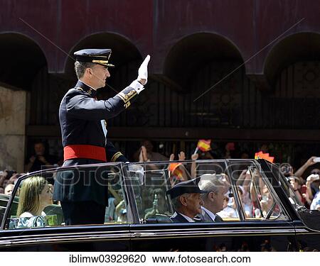 "Coronation, King Felipe VI of Spain riding in an open-top Rolls Royce on Gran Via en route from Parliament to the Royal Palace, Madrid, Spain, Europe" View Large Photo Image Stock Image - "Coronation, King Felipe VI of Spain riding in an open-top Rolls Royce on Gran Via en route from Parliament to the Royal Palace, Madrid, Spain, Europe". Fotosearch