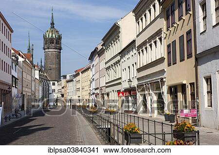 "Coswiner Strasse street with the Schlosskirche church, Lutherstadt Wittenberg, Saxony-Anhalt, Germany, Europe" View Large Photo Image Stock Image - "Coswiner Strasse street with the Schlosskirche church, Lutherstadt Wittenberg, Saxony-Anhalt, Germany, Europe". Fotosearch