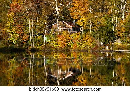 Stock Photo - "Cottage amongst the trees on Sugarloaf Pond in autumn, Eastern Townships, Potton, Quebec, Canada, North America". Fotosearch