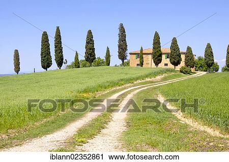 Stock Image - "Country house in Tuscany, Crete near Pienza, Tuscany, Italy, Europe". Fotosearch