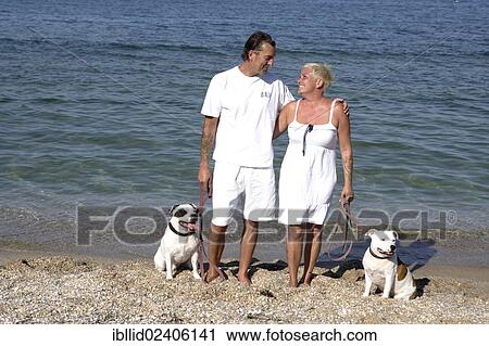 Stock Image - "Couple, 41, 50 years, with their dogs, Staffordshire Bull Terriers, on the beach". Fotosearch