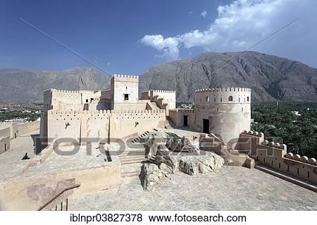Stock Photo - "Courtyard, Nakhl Fort or Husn Al Heem, fortress, historic mudbrick building, Jabel Nakhl Massiv, Al-Batinah province, Sultanate of Oman, Arabian Peninsula". Fotosearch