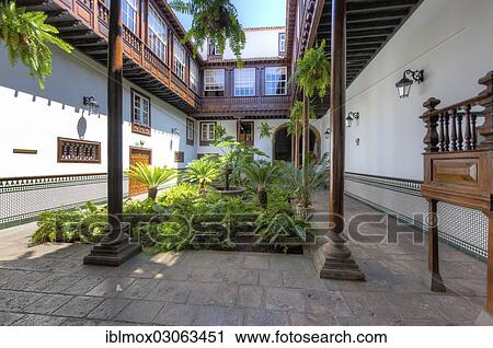 Stock Image - "Courtyard of an old mansion in the historic centre of San Cristobal de La Laguna, San Cristobal de La Laguna, La Laguna, Tenerife, Canary Islands, Spain, Europe". Fotosearch