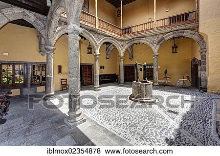 Stock Photo - "Courtyard of Columbus House, Plaza Santa Ana, Vegueta, old town of Las Palmas, Las Palmas de Gran Canaria, Gran Canaria, Canary Islands, Spain, Europe". Fotosearch