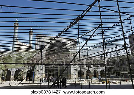 Stock Photo - "Courtyard of Imam Mosque, scaffolding to provide shade during prayer, Isfahan, Isfahan Province, Persia, Iran, Asia". Fotosearch