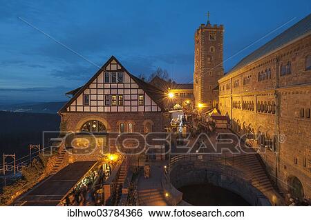 Stock Photograph - "Courtyard of Wartburg Castle, market stalls at night, Eisenach, Thuringia, Germany, Europe". Fotosearch