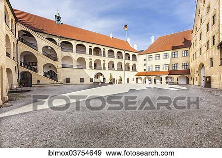 Stock Photo - "Courtyard with the Duernitz trakt, Damenstock or ladies floor and gate building, Burg Trausnitz Castle, Landshut, Lower Bavaria, Bavaria, Germany, Europe". Fotosearch