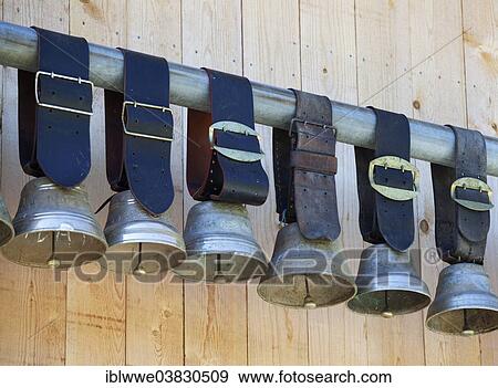 Stock Photo - "Cowbells on a mountain farm, Lauterbrunnen Valley, Gimmelwald, Bernese Oberland, Canton of Bern, Switzerland, Europe". Fotosearch