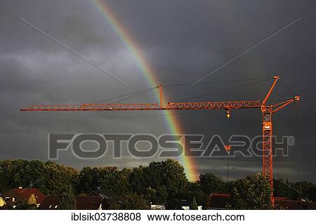 "Crane in front of a rainbow, Biberach an der Riss, Upper Swabia, Baden-Wurttemberg, Germany, Europe" View Large Photo Image Stock Photo - "Crane in front of a rainbow, Biberach an der Riss, Upper Swabia, Baden-Wurttemberg, Germany, Europe". Fotosearch