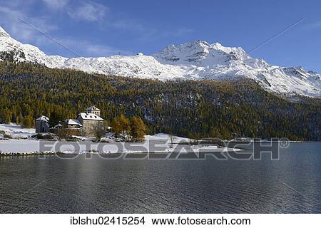 Crap da Sass castle, 19th century, Lake Silvaplana in the foreground, St. Moritz, Engadin, canton of Grisons, Switzerland, Europe View Large Photo Image Picture - Crap da Sass castle, 19th century, Lake Silvaplana in the foreground, St. Moritz, Engadin, canton of Grisons, Switzerland, Europe. Fotosearch