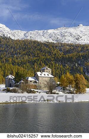 Crap da Sass castle, 19th century, Lake Silvaplana in the foreground, St. Moritz, Engadin, canton of Grisons, Switzerland, Europe View Large Photo Image Stock Photo - Crap da Sass castle, 19th century, Lake Silvaplana in the foreground, St. Moritz, Engadin, canton of Grisons, Switzerland, Europe. Fotosearch