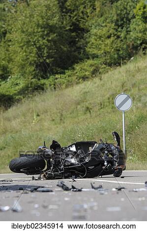 Picture - "Crash site, motorcycle accident on the L 1150 motorway between Welzheim and Haubersbronn, Baden-Wuerttemberg, Germany, Europe". Fotosearch