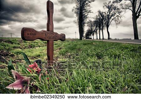 Stock Image - "Cross on the roadside, near Nauen, Havelland region, Brandenburg, Germany, Europe". Fotosearch