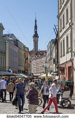 Stock Photography - "Crowded Viru street with city hall tower in the old town, Tallinn, Estonia, Europe". Fotosearch