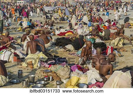 Stock Image - "Crowds of people gathering at Kumbha Mela grounds, Allahabad, Uttar Pradesh, India, Asia". Fotosearch