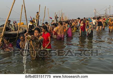 "Crowds of people taking a bath in the Sangam, the confluence of the rivers Ganges, Yamuna and Saraswati, Kumbha Mela mass Hindu pilgrimage, Allahabad, Uttar Pradesh, India, Asia" View Large Photo Image Stock Photography - "Crowds of people taking a bath in the Sangam, the confluence of the rivers Ganges, Yamuna and Saraswati, Kumbha Mela mass Hindu pilgrimage, Allahabad, Uttar Pradesh, India, Asia". Fotosearch