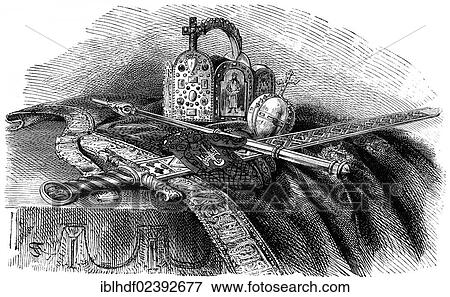 Stock Photo - "Crown, scepter and sword, insignia of the German Emperor in the 19th Century". Fotosearch