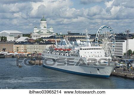 Picture - "Cruise ship """"Delphin"""", 1975, Helsinki harbour, Helsinki Cathedral at the back, Katajanokka district, Helsinki, Finland, Europe". Fotosearch