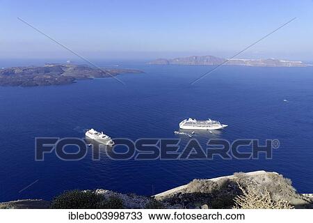 Stock Image - "Cruise ships in the caldera off Thira, Santorini, Cyclades, Greece, Europe". Fotosearch