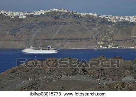 "Cruise tourists on the volcanic island Nea Kameni in the caldera, Santorin, Cyclades, Greece, Europe" View Large Photo Image Stock Photo - "Cruise tourists on the volcanic island Nea Kameni in the caldera, Santorin, Cyclades, Greece, Europe". Fotosearch