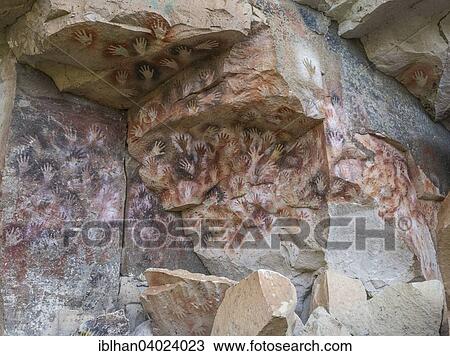 Stock Image - "Cueva de las Manos or Cave of Hands, murals, 7000-1000 BC, Santa Cruz, Argentina, South America". Fotosearch
