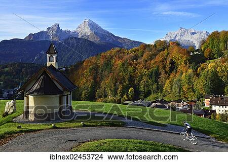 "Cyclist passing the Chapel of the Beatitudes at Mitterweinfeld, Lockstein Mountain, Watzmann Mountain, Berchtesgaden, Upper Bavaria, Bavaria, Germany, Europe" View Large Photo Image Picture - "Cyclist passing the Chapel of the Beatitudes at Mitterweinfeld, Lockstein Mountain, Watzmann Mountain, Berchtesgaden, Upper Bavaria, Bavaria, Germany, Europe". Fotosearch