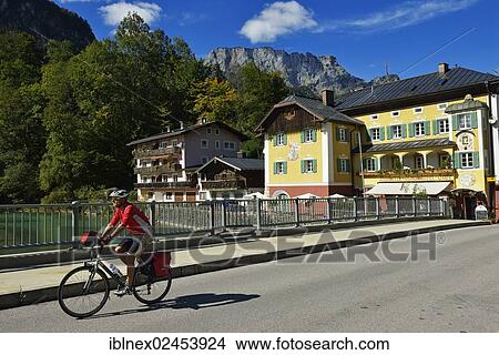 Picture - "Cyclist, Untersberg massif, Marktschellenberg, Berchtesgaden, Upper Bavaria, Bavaria, Germany, Europe". Fotosearch