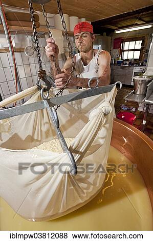 "Dairyman raising the cloth with cottage cheese from the copper kettle to drain off the whey, Alp Gun, Graubunden, Switzerland, Europe" View Large Photo Image Stock Photo - "Dairyman raising the cloth with cottage cheese from the copper kettle to drain off the whey, Alp Gun, Graubunden, Switzerland, Europe". Fotosearch