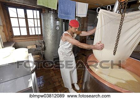 "Dairyman raising the cloth with cottage cheese from the copper kettle to drain off the whey, Alp Gun, Graubunden, Switzerland, Europe" View Large Photo Image Stock Photo - "Dairyman raising the cloth with cottage cheese from the copper kettle to drain off the whey, Alp Gun, Graubunden, Switzerland, Europe". Fotosearch