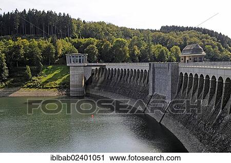 Stock Image - "Dam, Lister reservoir, Olpe, Ebbegebirge nature park, Sauerland region, North Rhine-Westphalia, Germany, Europe, PublicGround, Europe". Fotosearch