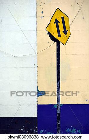 Stock Photo - "Damaged, dilapidated road sign, oncoming traffic, Athlone, Midlands Region, Ireland, Europe". Fotosearch