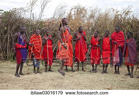 Stock Photo - "Dance performance of Maasai warriors wearing traditional dress, Massai Mara, Distrikt Narok, Serengeti, Rift Valley province, Kenya, Africa". Fotosearch
