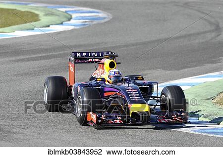 Stock Image - "Daniel Ricciardo in the Red Bull RB10, Formula 1 winter testing at the Circuito de Velocidad, Jerez de la Frontera, Andalusia, Spain, Europe". Fotosearch