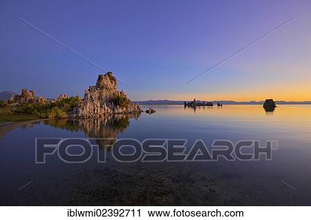 Stock Image - "Dawn, Tufa Rocks at sunrise, calc-tuff rock formations, South Tufa Area, Mono Lake, a saline soda lake, Mono Basin and Range region, Sierra Nevada, California, USA". Fotosearch