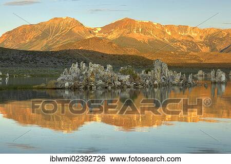 Stock Photograph - "Dawn, Tufa Rocks at sunrise, calc-tuff rock formations, South Tufa Area, Mono Lake, a saline soda lake, Mono Basin and Range region, Sierra Nevada, California, USA". Fotosearch