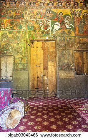 Stock Photograph - "Debre Berhan Selassie Church, ancient wall paintings adorning the interior, Gondar, Amhara Region, Ethiopia, Africa". Fotosearch