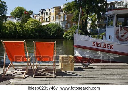 Stock Photo - "Deck chairs at the Muehlenkamp pier,? Çï? ÇïAlster river steamer on Osterbekkanal canal, Hamburg, Hamburg, Germany, Europe". Fotosearch