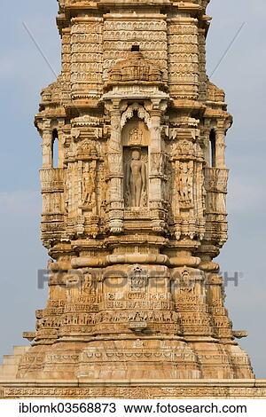 Stock Image - "Decorative sculptures, Kirti Stambha, the victory tower of the Jains, built in honour of the first Jain Tirthankara Adinath, Chittorgarh Fort Mountain, Chittorgarh, Rajasthan, India, Asia". Fotosearch
