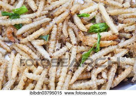 Stock Photography - "Deep-fried bamboo worms garnished with scallion leaves, Thailand, Asia". Fotosearch