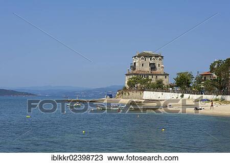 Stock Image - "Defence Tower of Ouranoupoli, Athos, Halkidiki, Greece, Europe". Fotosearch
