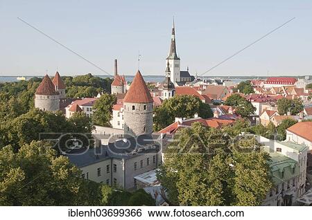 Stock Photograph - "Defence towers and St. Olav's Church, from the Upper Town, Tallinn, Harju County, Estonia, Europe". Fotosearch