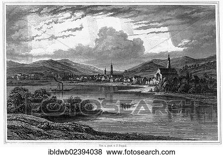 Stock Photo - "Deggendorf on the Danube river, Lower Bavaria, Bavaria, Germany, Europe, drawn by J. G. Poppel, steel-engraved by J. G. Poppel, steel engraving from the book Das Koenigreich Bayern, 1840 - 1854, Europe". Fotosearch